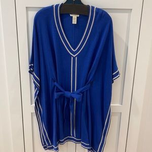 White Warren SS Tunic Sweater Cobalt Blue stripe Deep V Neck Tie Contrast trim